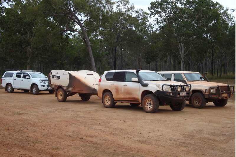 Our vehicles at Moreton Telegraph Station on the way to Weipa—see the colour they used to be in the car behind them